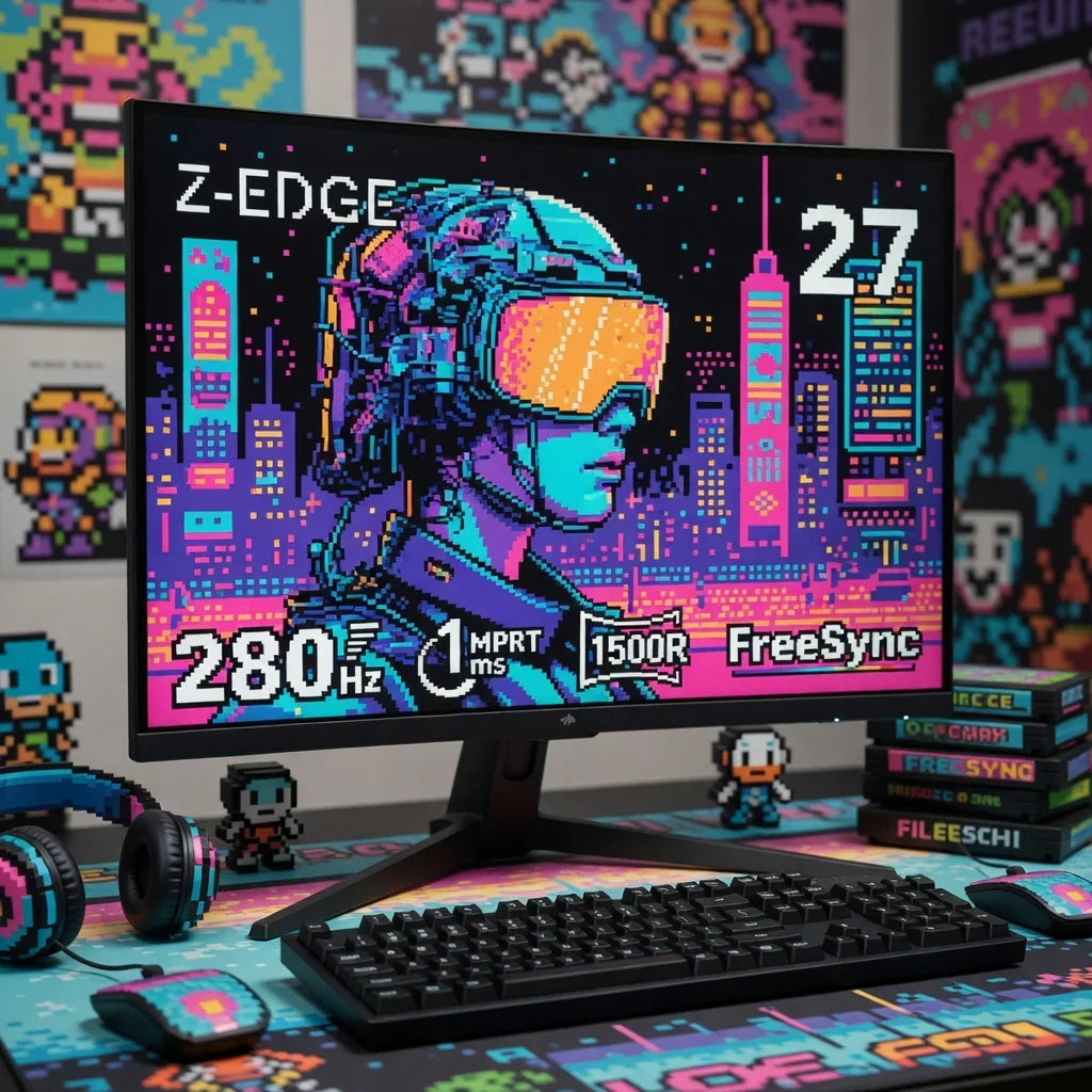 Retro 8-bit gaming setup with RGB keyboard, monitor, mouse, and pixel art accessories