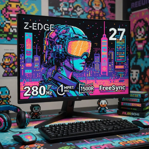 Retro 8-bit gaming setup with RGB keyboard, monitor, mouse, and pixel art accessories