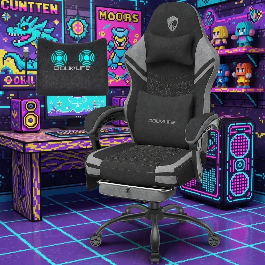 Black ergonomic gaming chair with lumbar support in a retro 8-bit themed gaming room.