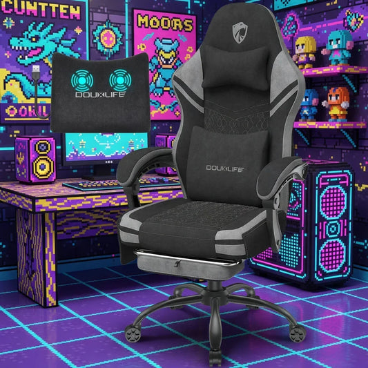 Black ergonomic gaming chair with lumbar support in a retro 8-bit themed gaming room.