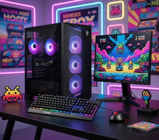 RGB gaming PC setup with mechanical keyboard, mouse, and monitor showing retro 8-bit game in neon-lit room