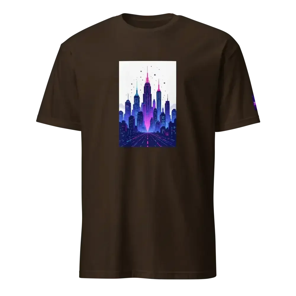 Black t-shirt with neon cityscape graphic and futuristic skyline design