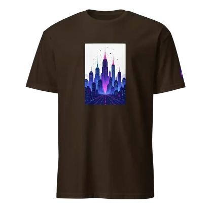 Black t-shirt with neon cityscape graphic and futuristic skyline design