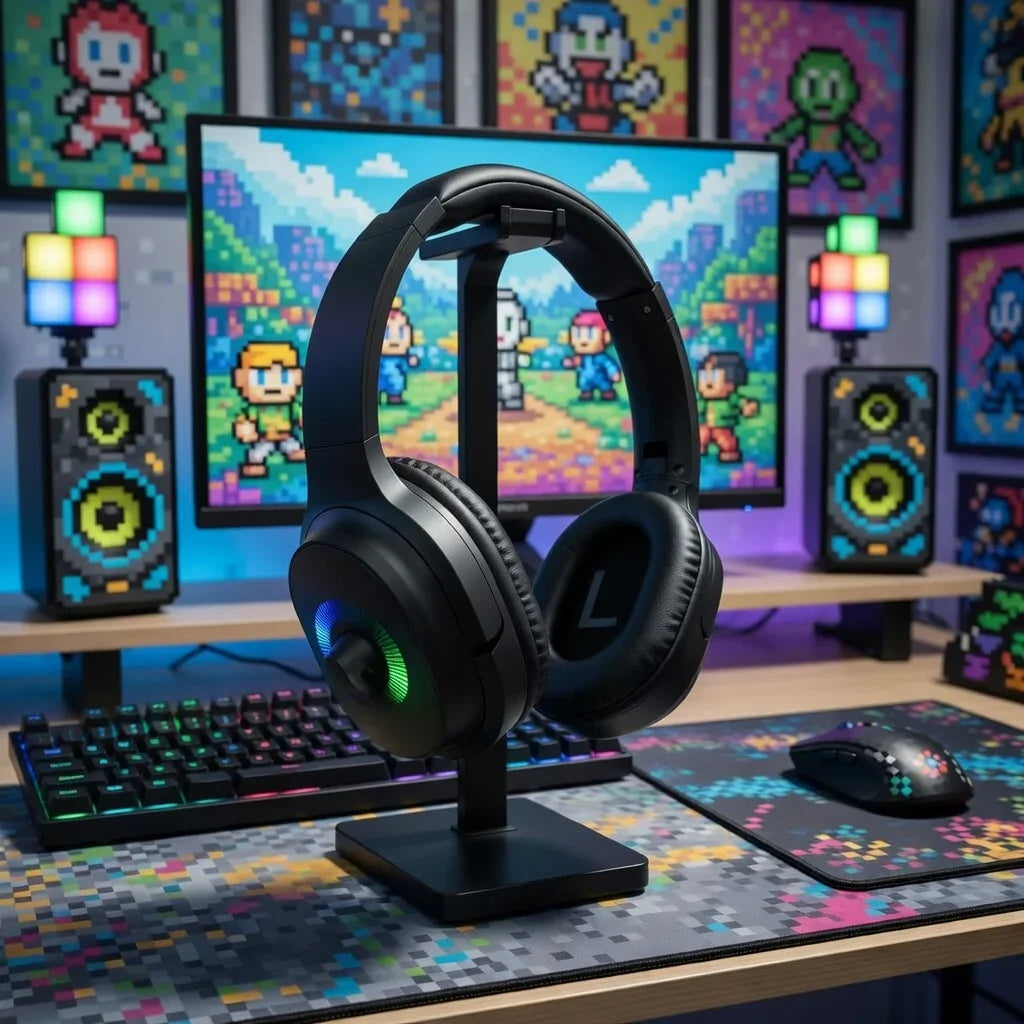 RGB gaming headset on stand with 8-bit pixel art setup, mechanical keyboard, gaming mouse