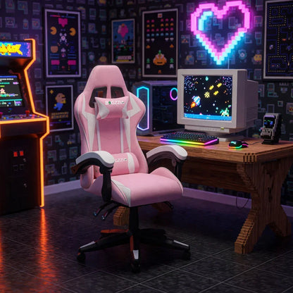 Pink gaming chair with white accents in retro 8-bit setup, RGB keyboard, arcade machine, neon heart