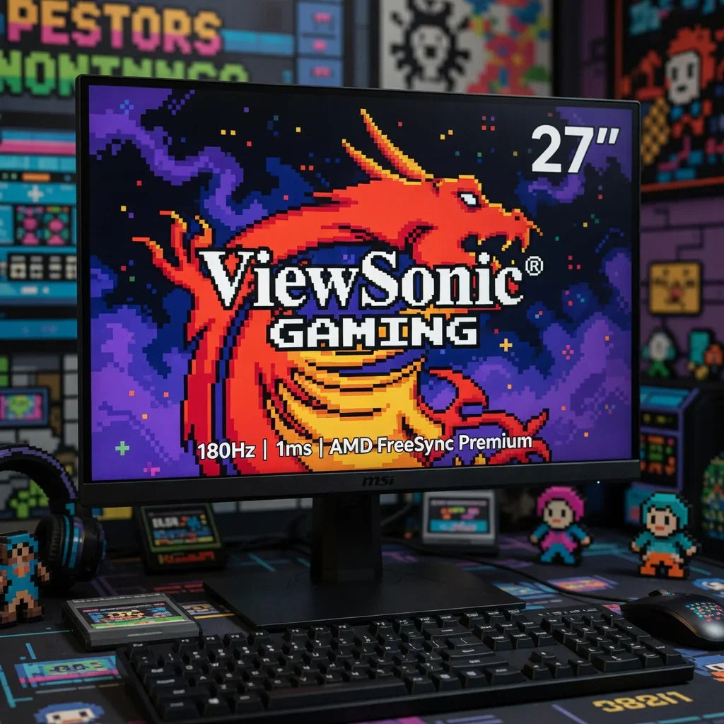 27-inch ViewSonic gaming monitor with pixel art dragon in retro gaming setup