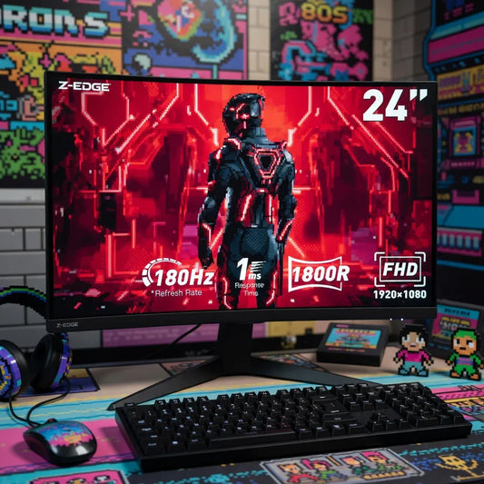 24-inch curved gaming monitor with 180Hz refresh rate on a retro gaming desk setup