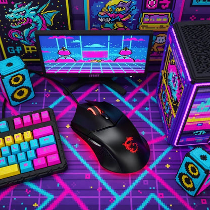 Retro 8-bit gaming mouse, RGB keyboard, and accessories on vibrant neon pixel desk setup