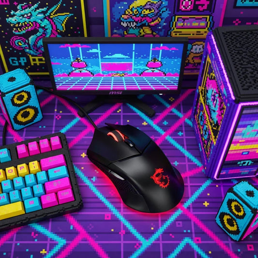 Retro 8-bit gaming mouse, RGB keyboard, and accessories on vibrant neon pixel desk setup