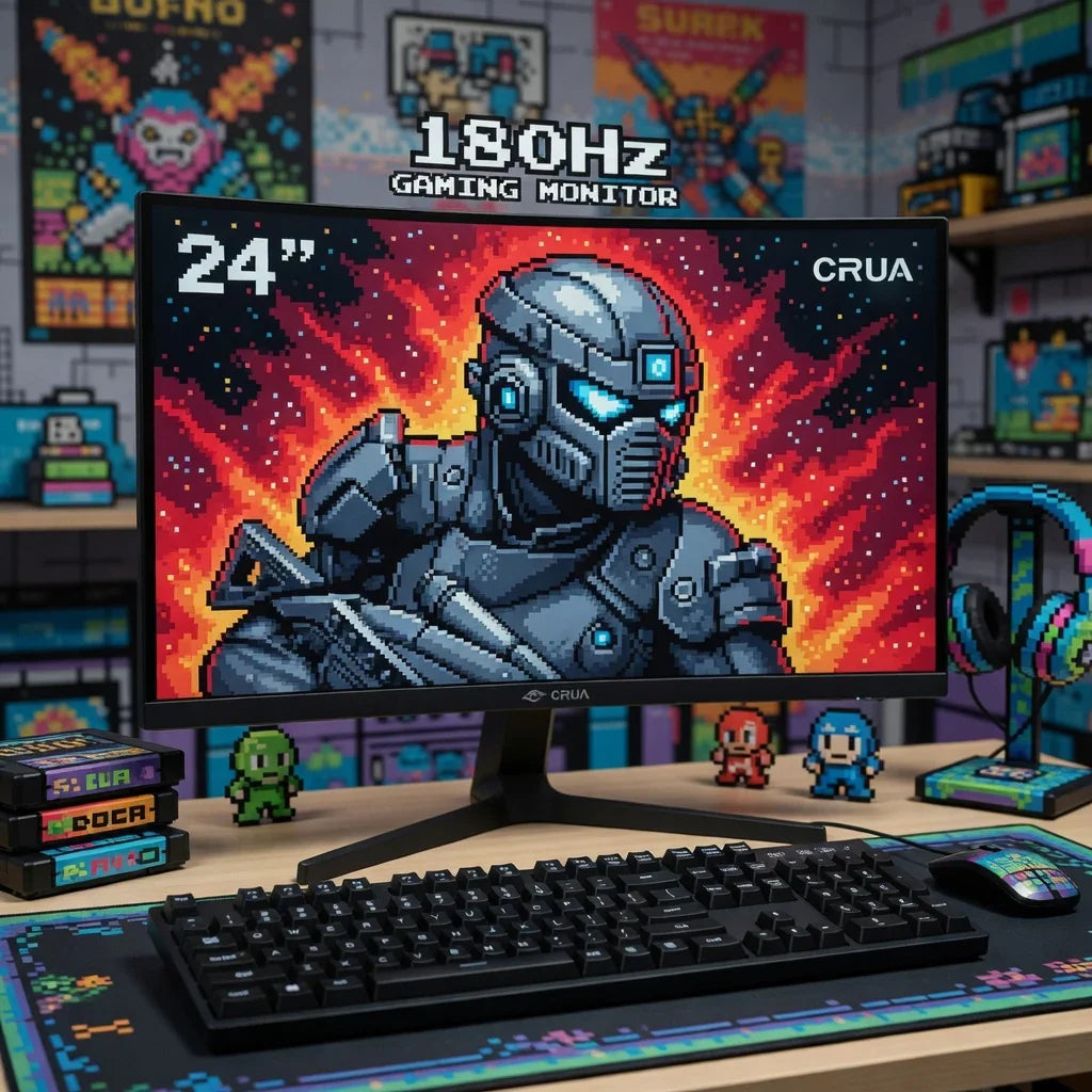 Retro gaming desk setup with 24-inch 180Hz CRUA monitor, pixel art, keyboard, mouse, and headset.