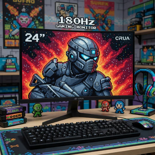 Retro gaming desk setup with 24-inch 180Hz CRUA monitor, pixel art, keyboard, mouse, and headset.