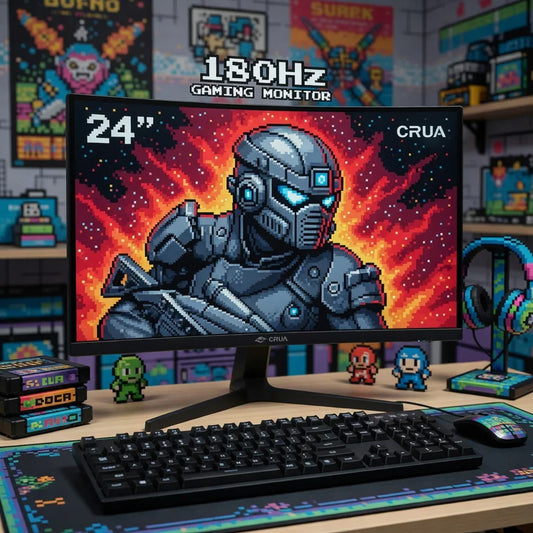 Retro gaming desk setup with 24-inch 180Hz CRUA monitor, pixel art, keyboard, mouse, and headset.