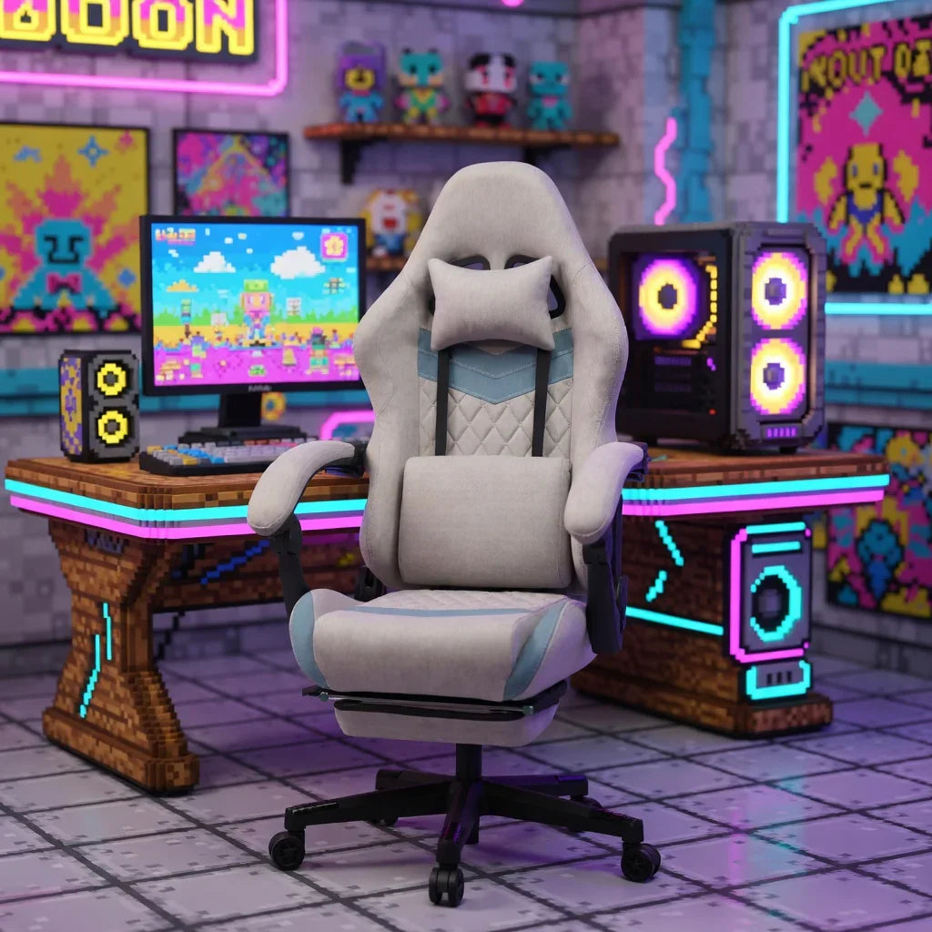 Ergonomic gaming chair in grey set in a vibrant retro 8-bit themed gaming setup