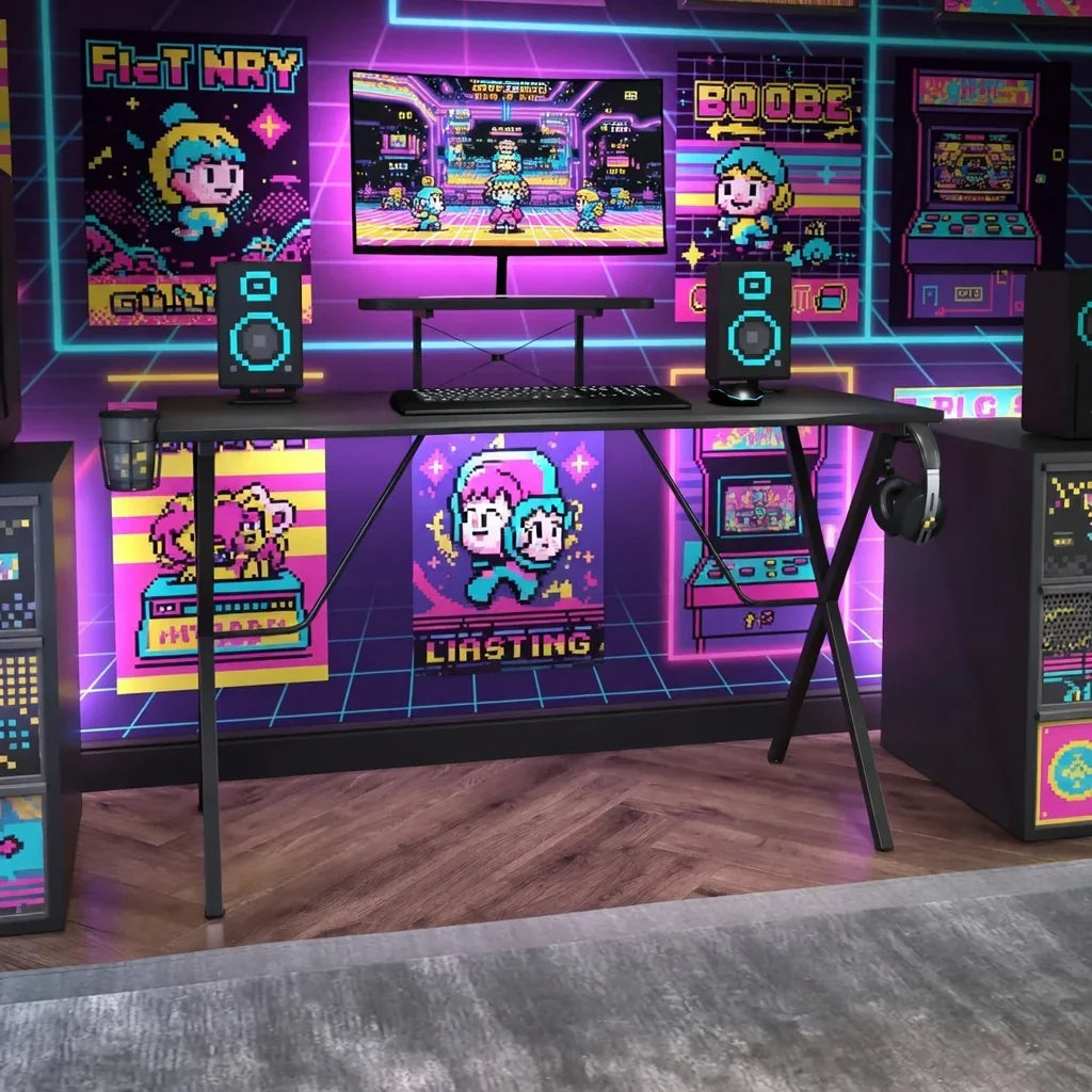 8-bit retro gaming desk setup with neon pixel art, speakers, headset, and arcade decor