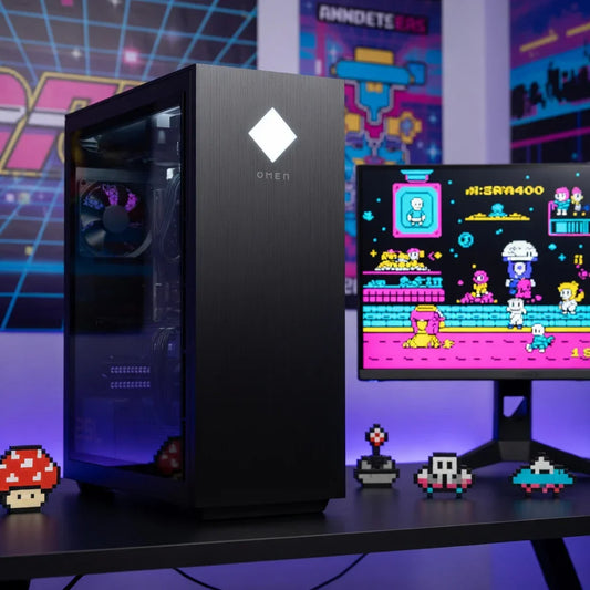Gaming PC setup with Omen desktop, retro 8-bit decor, and colorful pixel art on screen