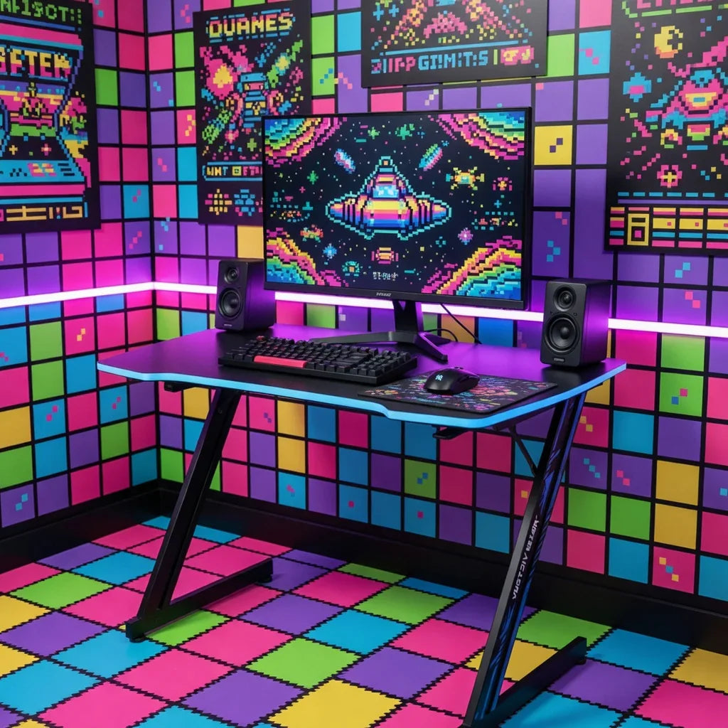 Retro 8-bit themed gaming setup with colorful pixel art walls, gaming desk, keyboard, and monitor.