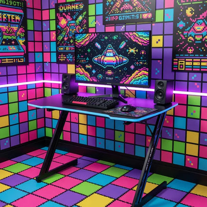Retro 8-bit themed gaming setup with colorful pixel art walls, gaming desk, keyboard, and monitor.