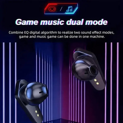 Wireless earbuds with game and music dual mode in a neon-lit tech background