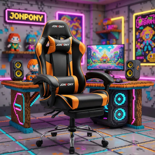 Black and orange gaming chair in retro 8-bit themed gaming room with RGB setup and pixel art décor.