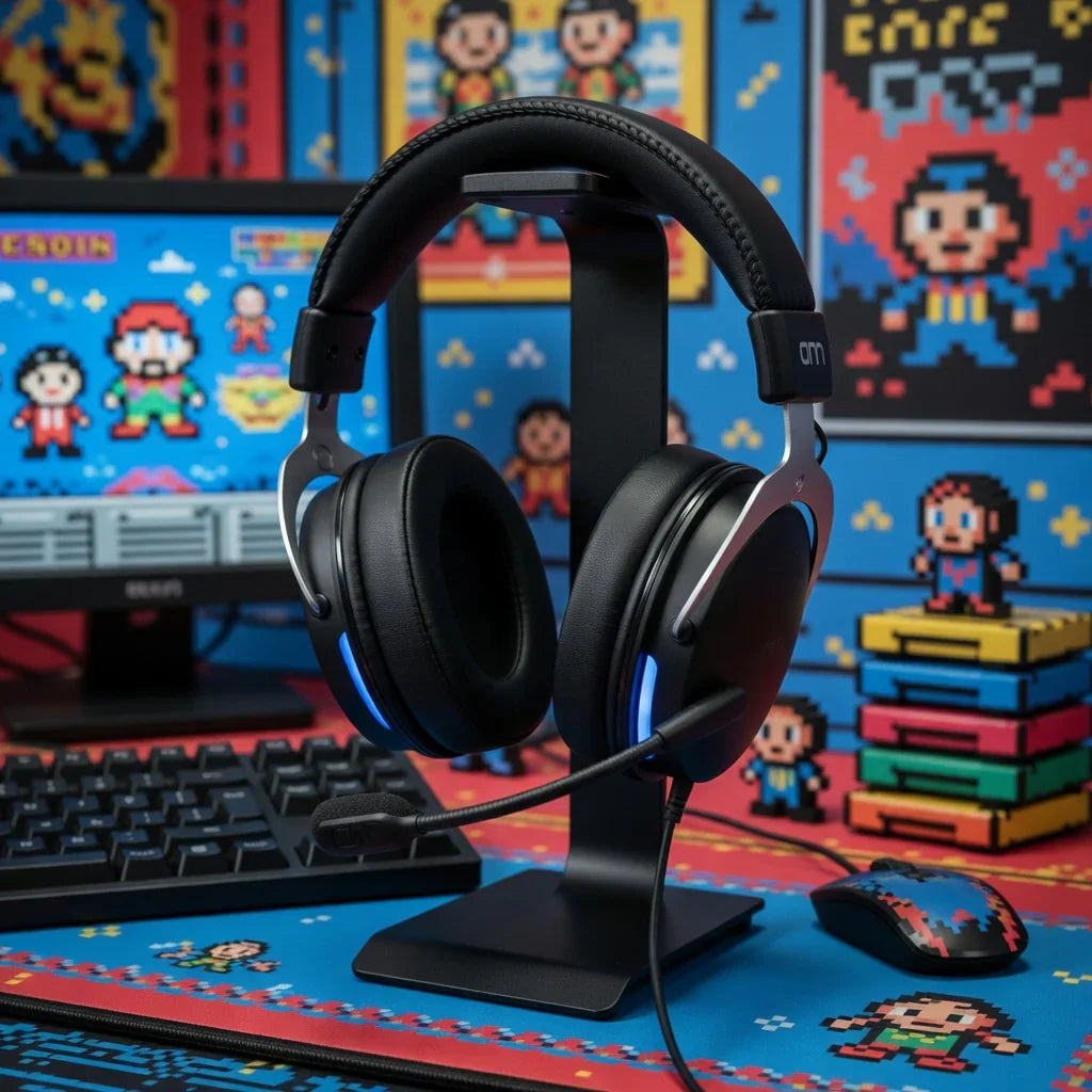 Black gaming headset with mic on stand, retro 8-bit gaming setup, keyboard, mouse