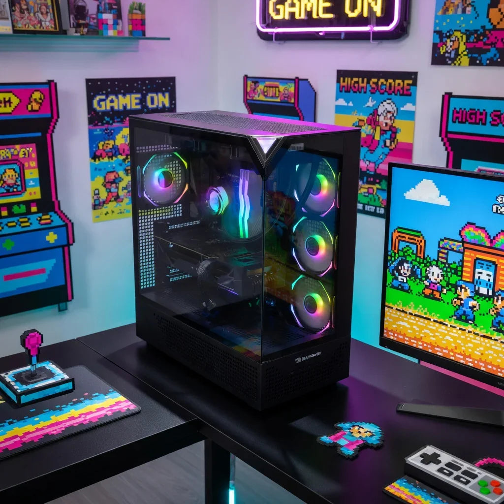 RGB gaming PC setup in retro 8-bit themed room with pixel art, arcade and neon sign