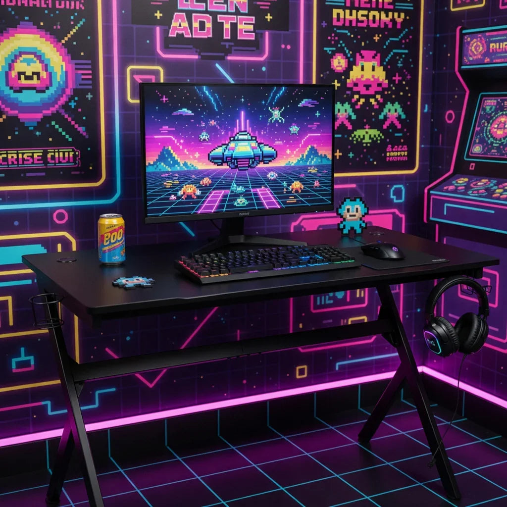 Retro 8-bit gaming setup with RGB keyboard, monitor, gaming mouse, and neon pixel art decor.