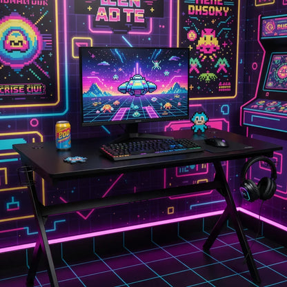 Retro 8-bit gaming setup with RGB keyboard, monitor, gaming mouse, and neon pixel art decor.