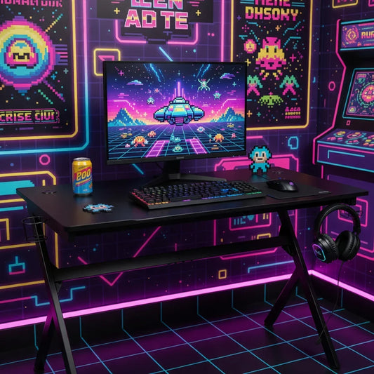 Retro 8-bit gaming setup with RGB keyboard, monitor, gaming mouse, and neon pixel art decor.