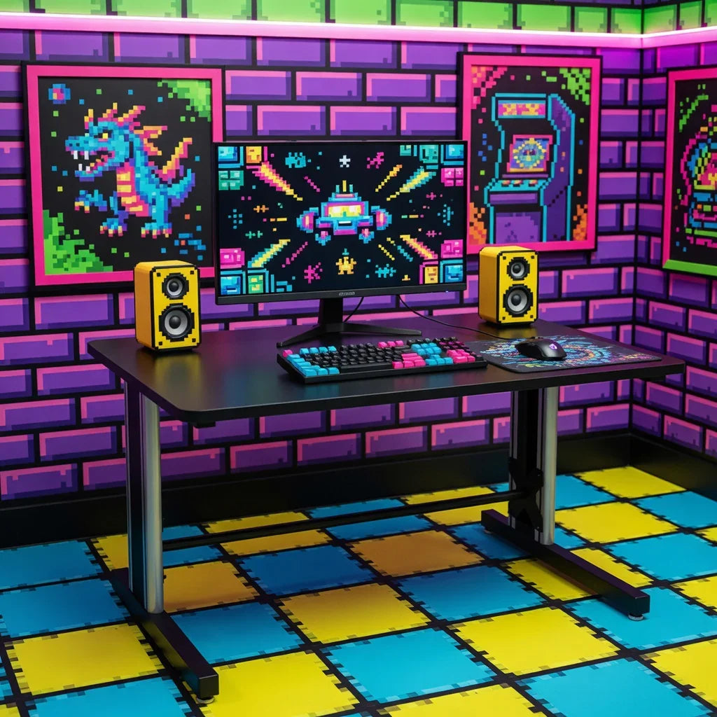 Retro gaming desk setup with 8-bit themed keyboard, mouse, monitor, and colorful pixel art decor