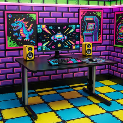 Retro gaming desk setup with 8-bit themed keyboard, mouse, monitor, and colorful pixel art decor