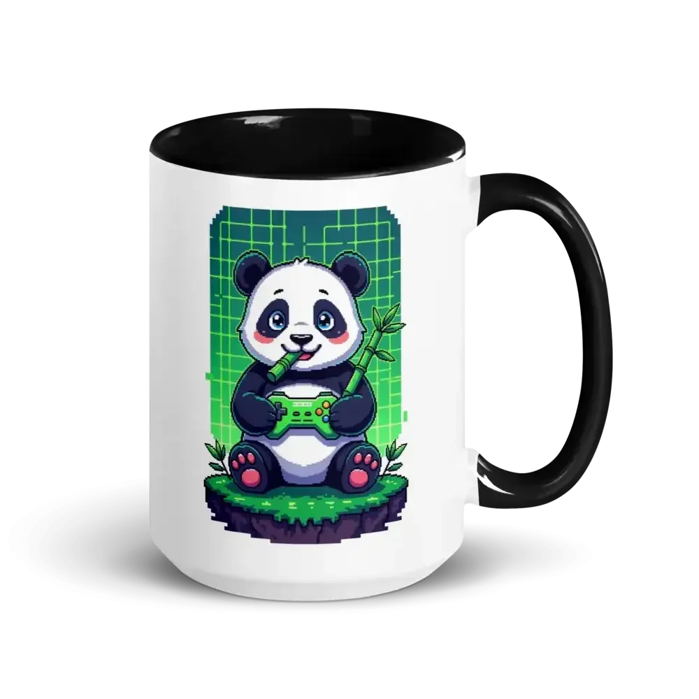 White mug with black handle featuring a pixel art panda holding a green game controller and bamboo