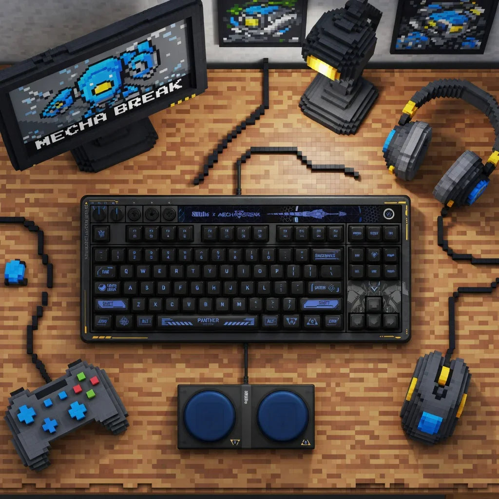 Retro 8-bit style gaming setup with keyboard, mouse, headset, controller and monitor on desk