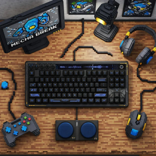 Retro 8-bit style gaming setup with keyboard, mouse, headset, controller and monitor on desk