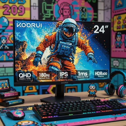 KOORUI 24-inch gaming monitor with pixel art astronaut, RGB keyboard and mouse, retro gaming setup