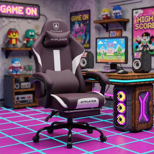 GTPLAYER gaming chair in a retro 8-bit themed gaming room with neon and pixel decor.