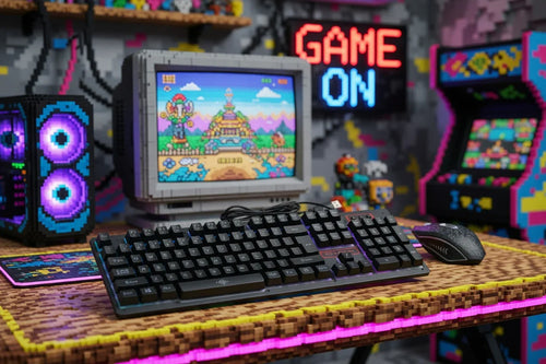 Retro gaming setup with RGB keyboard, mouse, 8-bit themed PC, CRT monitor, arcade cabinet, and neon 'Game On' sign