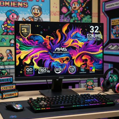 MSI 32-inch 4K gaming monitor on desk with RGB keyboard, mouse, and retro 8-bit decor.