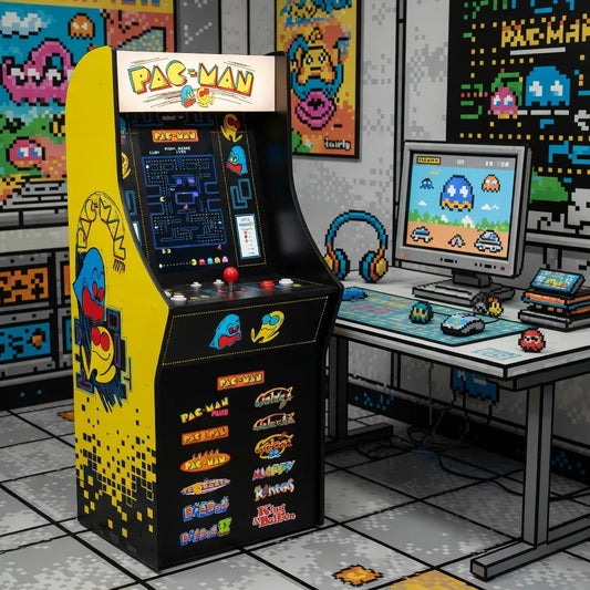 Retro Pac-Man arcade machine and 8-bit gaming setup in pixel art themed room